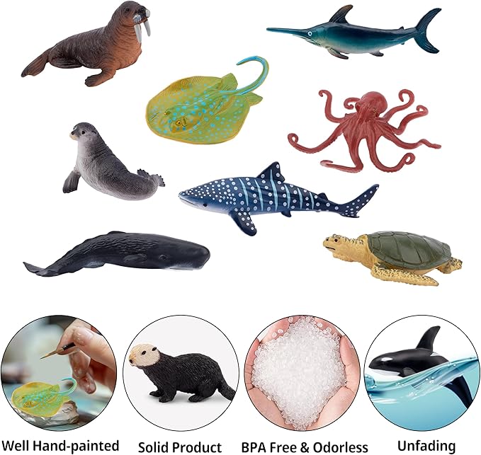 TOYMANY 24pcs Mini Ocean Animal Figurines: Realistic Cake Toppers with Sharks, Whales &amp; Octopus - Great for Kids&