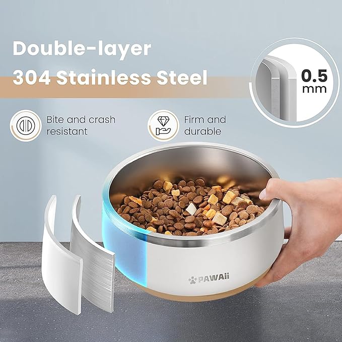 Pawaii Stainless Steel Dog Bowl with Non-Slip Rubber Base &amp; Double Wall Insulation - Durable Design | Includes ID Tag | Dishwasher Safe Food &amp; Water Bowl for All Dogs (68oz)