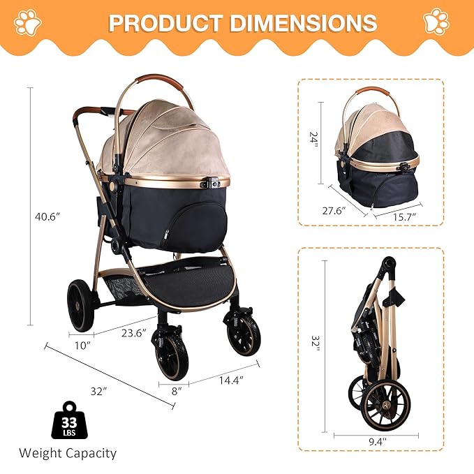 Dog Stroller for Small Medium Dogs, 3 in 1 Folding Pet Stroller Up to 33 lbs, 4 Wheels Pet Strolling Cart with Zipperless Entry, Cat Dog Travel Carrier with Cup Holder &amp; Storage Basket