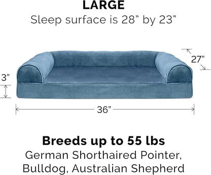 Furhaven Orthopedic Dog Bed for Large/Medium Dogs w/ Removable Bolsters &amp; Washable Cover, For Dogs Up to 55 lbs - Faux Fur &amp; Velvet Sofa - Harbor Blue, Large