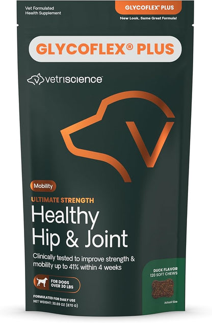 VetriScience Ultimate Strength Healthy Hip &amp; Joint Chews, GlycoFlex Glucosamine, Chondroitin and Green-Lipped Mussel Joint Support Supplement for Dogs, Soothe Joint Discomfort, Duck, 120 Count