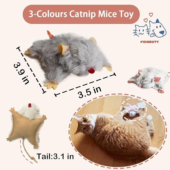 Catnip Cat Mice Toy,3 Pcs Plush Cats Nip Mouse Toys for Teeth Cleaning Chew Kitten Kicker Toy with Crinkle &amp; Bell Cat Interactive Catnip Toys for Indoor Kittens Play Fetch