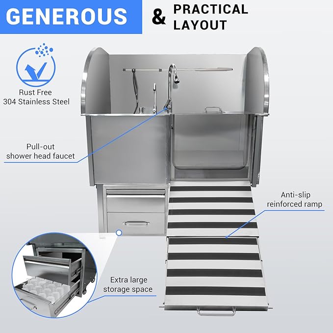 Professional Dog Grooming Tub, 62" Stainless Steel Dog Wash Station with Foldable Ramp, Storage Drawer, Floor Grate &amp; Faucet/Dog Bathtub for Large, Medium &amp; Small Pets - Right Door (62")