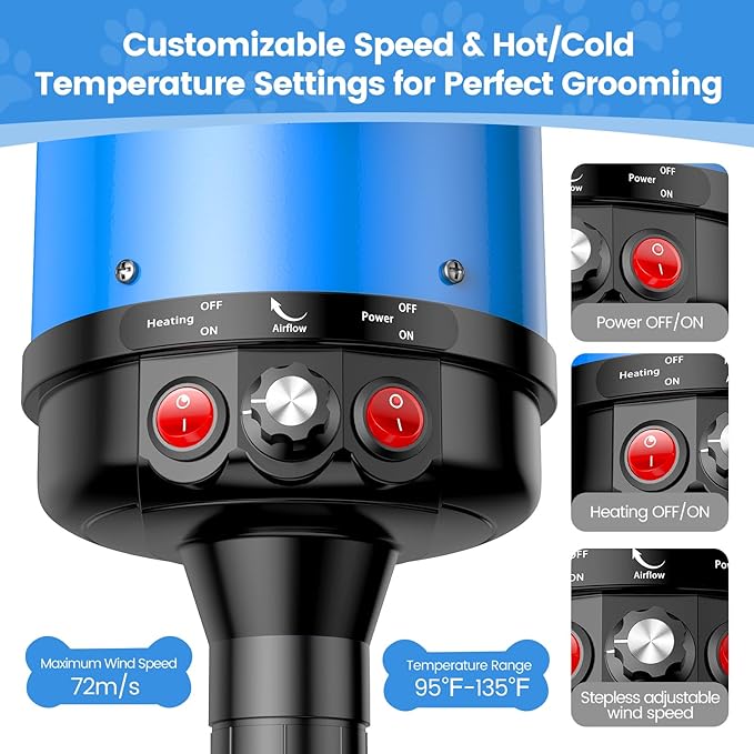 Dog Dryer, 5.2HP/3800W High Velocity Dog Hair Dryer with 4 Nozzles, Stepless Adjustable Speed &amp; Temperature Control, Low Noise Professional Dog Grooming Dryer (Blue)