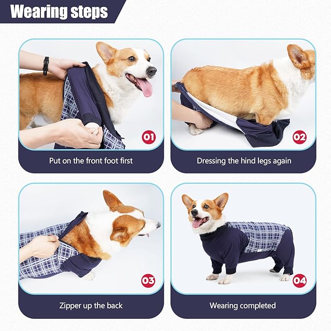 Dog Recovery Suit, Abdominal Wound After Surgery Wear, Anti Licking Bodysuit with Zipper, E-Collar &amp; Cone Alternatives, Plaid Dog Spay Surgical Shirt Prevent Shedding(XL, Blue)