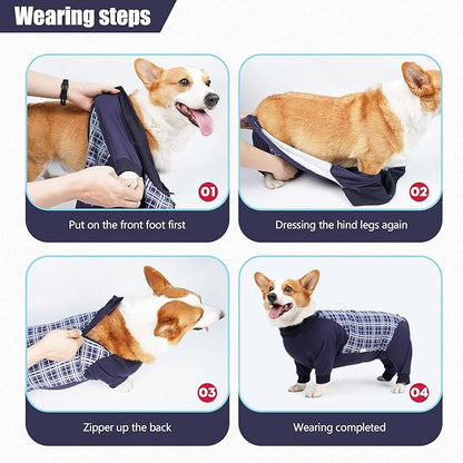 Dog Recovery Suit, Abdominal Wound After Surgery Wear, Anti Licking Bodysuit with Zipper, E-Collar &amp; Cone Alternatives, Plaid Dog Spay Surgical Shirt Prevent Shedding(3XL, Blue)