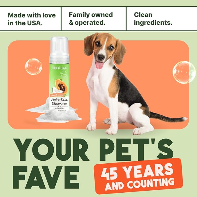 TropiClean No Rinse Waterless Dog Shampoo | Detangling &amp; Deodorizing Dry Shampoo for Smelly Pets | Moisturizes Dry Skin | USA Made | Papaya Scent | 7.4oz