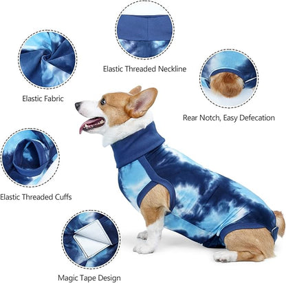 Dogs Onesie Suit for Male/Female Breathable Dog Recovery Tie Dye Pjs Wound After Surgery Wear, Prevent Licking Wounds, E-Collar &amp; Cone Alternatives XL Blue2