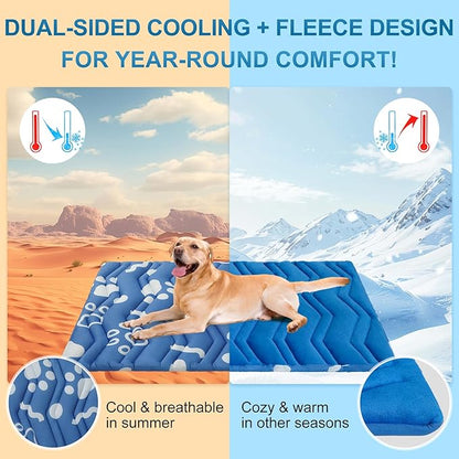 BEAUTYZOO Dog Cooling Mat- Upgraded Thicken Cooling Mat for Large Dogs Reversible(Cool &amp; Warm) Pet Ice Cool Bed Washable &amp; Portable, Summer Crate Pad for Big Dog Puppy Up to 44 lbs, Paw Blue 36X23IN