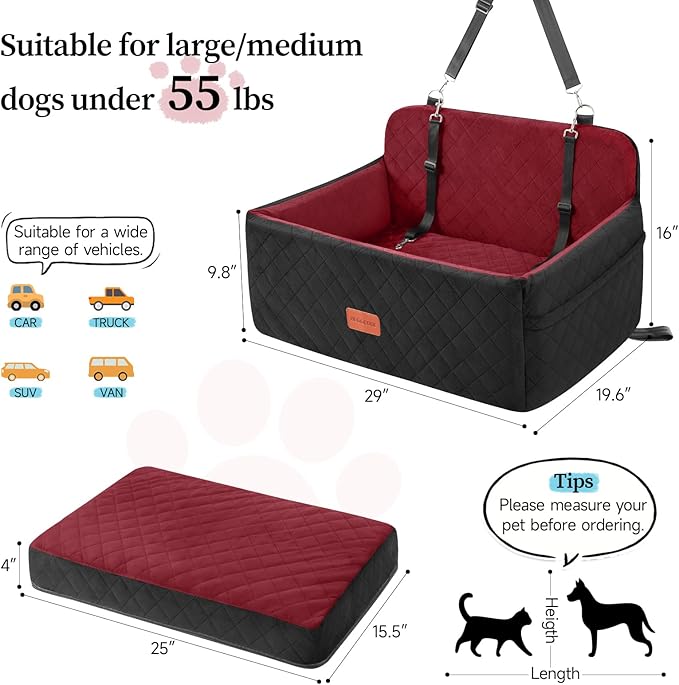 Dog Car Seat for Medium/Large Dogs, Pet Booster Seat for Under 55 lbs or 2 Small Dogs, Detachable &amp; Washable Dog Car Bed for Backseat with 2 Safety Leashes (Blcak/red)