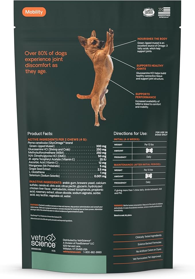 VetriScience Glycoflex 3 Clinically Proven Hip and Joint Support Supplement for Small Dogs - Maximum Strength Dog Supplement with Glucosamine, MSM, Green Lipped Mussel &amp; DMG - 60 Chews,Chicken Flavor