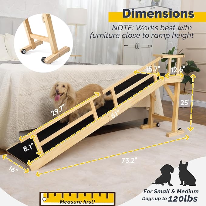 Dog Ramp for Bed or Couch, Wooden Pet Ramp with 20° Gentle Slope, Removable Side Rails, Non-Slip Surface, Top Platform &amp; Wheels, Safe Bed Ramp for Small, Medium &amp; Senior Dogs, 74" Long, Natural