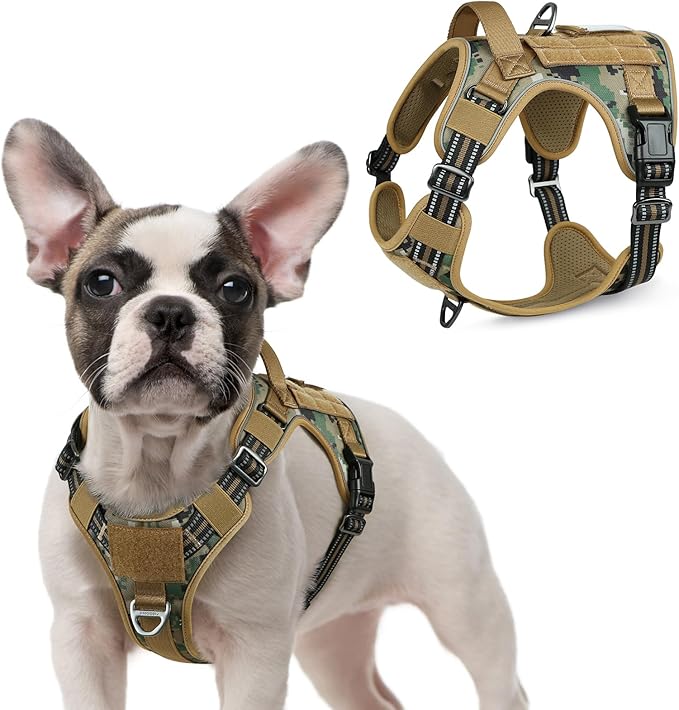 rabbitgoo Tactical Dog Harness for Small Dogs, No Pull Military Service Vest with Handle &amp; Molle, Easy Control for Training Walking, Adjustable Reflective Straps, Brown camo, S