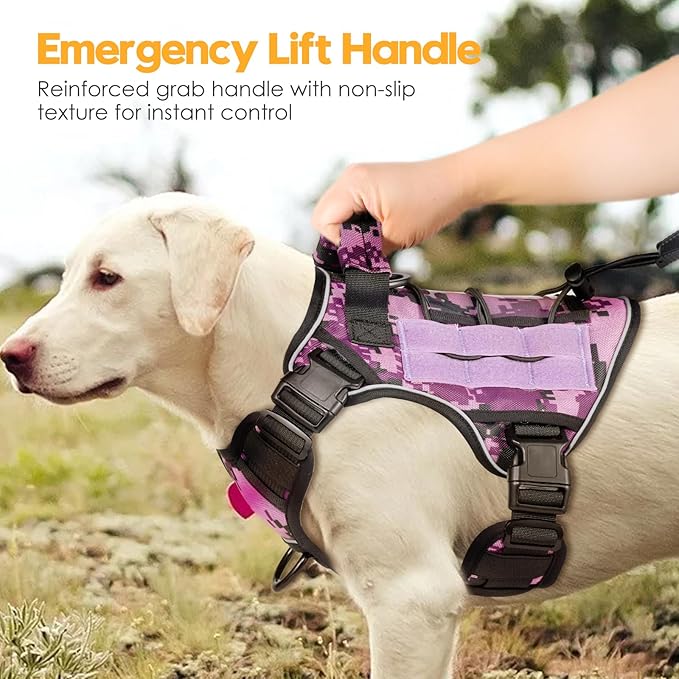 Heavy-Duty Tactical Dog Harness for Large Dogs, No Pull Adjustable Reflective Pet Vest with Molle System, K9 Military-Grade Control for Service Training, Outdoor &amp; 10+ Breeds, Purple Camo, Small