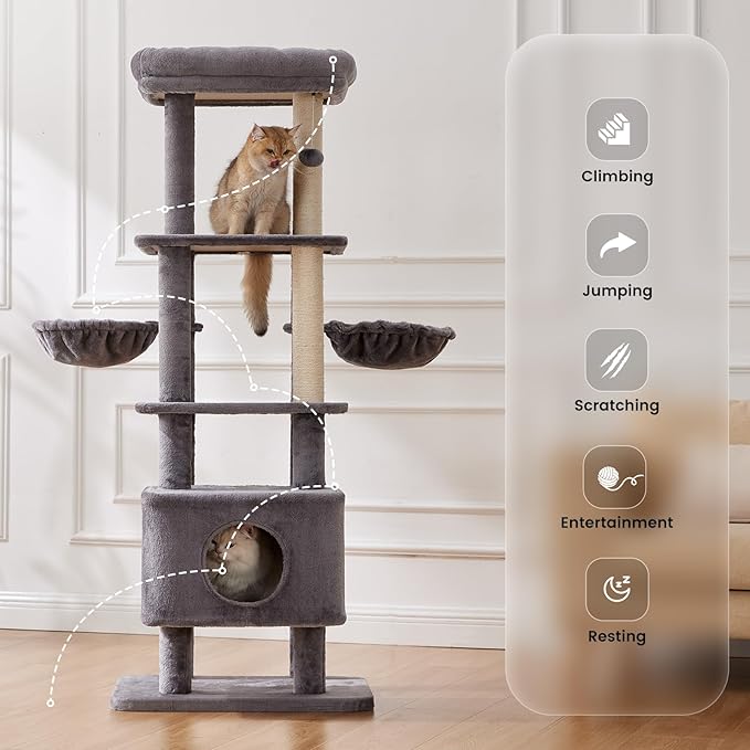 Gardner Pet 65in Heavy Duty Cat Tree Tower for Large Cats, Multi-Level Cat Furniture with Replaceable Sisal Scratching Post, Hammock | Extra-Large Platform &amp; Condo (Grey)
