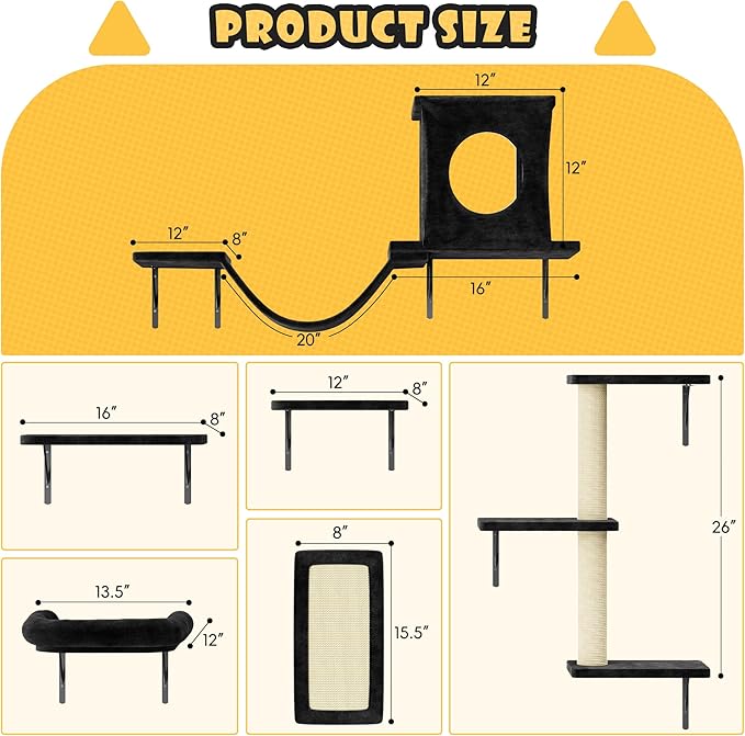 NUNU LAB Wall Mounted Cat Furniture, 6 Pcs Cat Wall Shelves with Condo House, Bridge, Steps, Scratcher, Hammock, Indoor Safe &amp; Stable Furniture for Kittens Play, Black