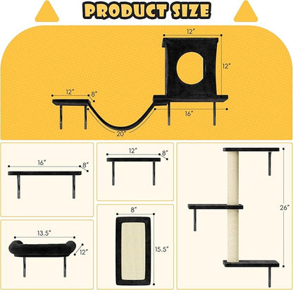 NUNU LAB Wall Mounted Cat Furniture, 6 Pcs Cat Wall Shelves with Condo House, Bridge, Steps, Scratcher, Hammock, Indoor Safe &amp; Stable Furniture for Kittens Play, Black