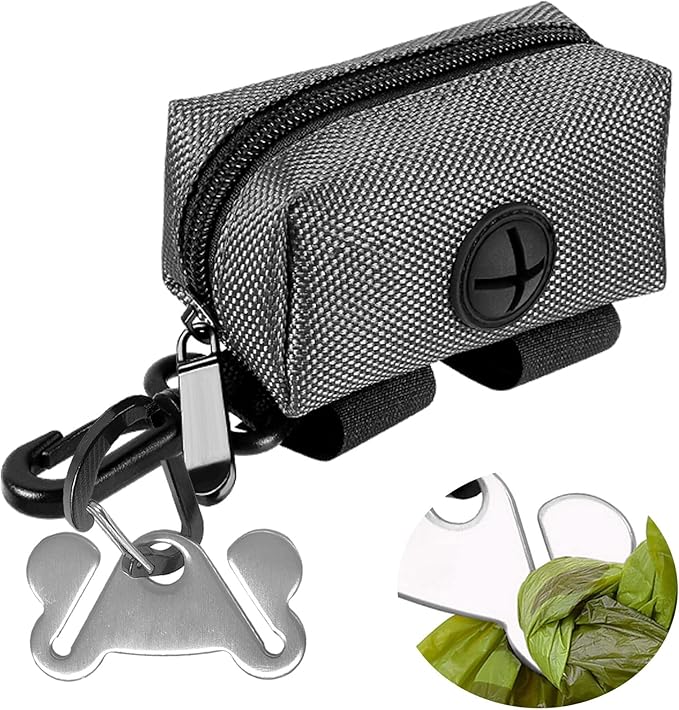 Dog Waste Bag Dispenser Pet Poop Bags Holder for Doggie Waste Bags Dispensers Soft Fabric Zipper Small Doggy Puppy Pouch for Leash Accessory Attachment with Carrier,Grey