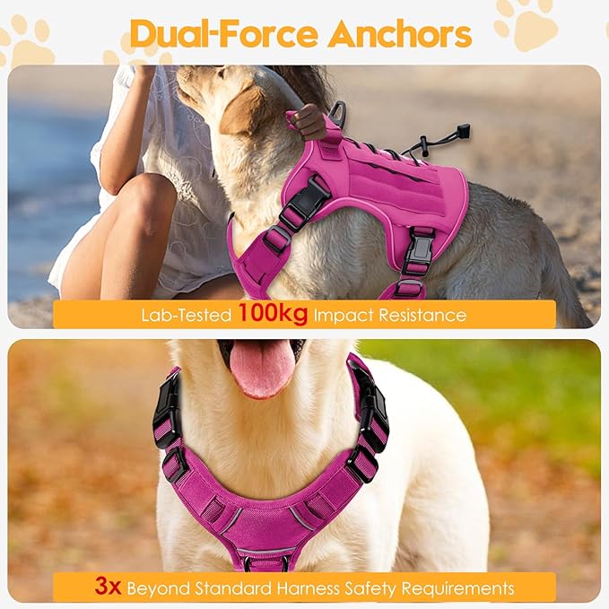Heavy-Duty Tactical Dog Harness for Large Dogs, No Pull Adjustable Reflective Pet Vest with Molle System, K9 Military-Grade Control for Service Training, Outdoor &amp; 10+ Breeds, Pink, X-Large