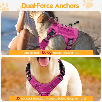 Heavy-Duty Tactical Dog Harness for Large Dogs, No Pull Adjustable Reflective Pet Vest with Molle System, K9 Military-Grade Control for Service Training, Outdoor &amp; 10+ Breeds, Pink, X-Large