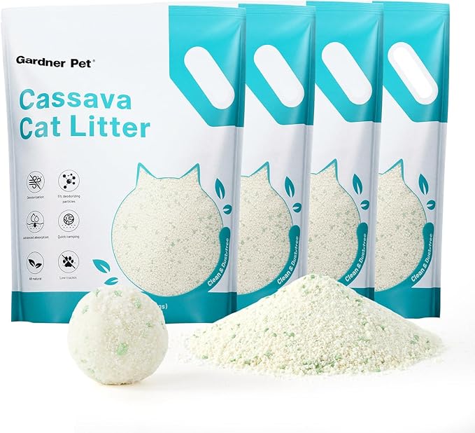 Gardner Pet Cassava Cat Litter, Clumping Cat Litter with Odor Control, Low Dust, Natural Plant-Based Litter, Fast Absorption &amp; Low Tracking Kitty Litter, Unscented with Deodorizing Pellets (9LBS*4)