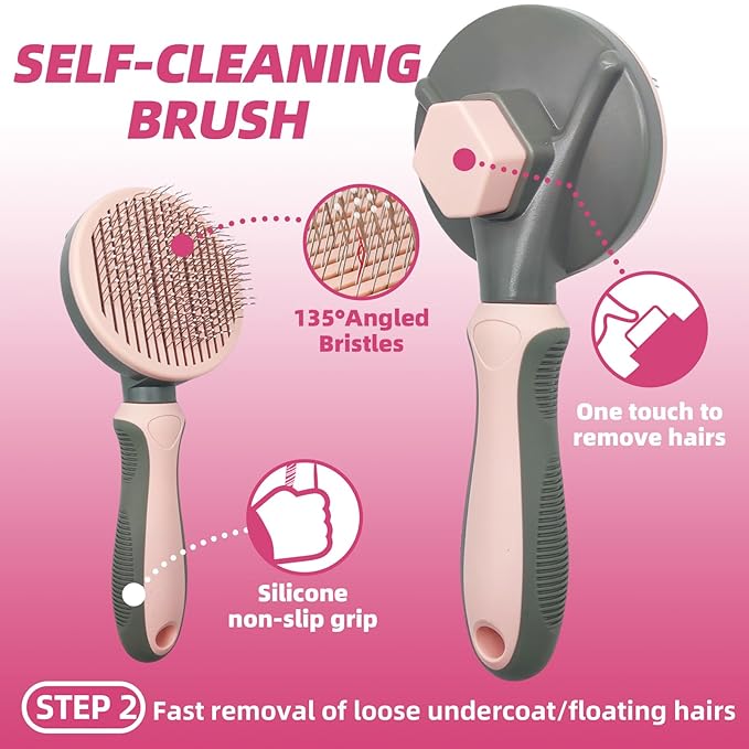 Pet Grooming Kit - 7 PCS Deshedding Brush Set with Slicker, Undercoat Rake, Bath Brush &amp; Nail Clipper for Short &amp; Long Haired Dogs, Cats (Pink)