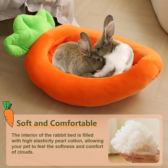 Rabbit Bed,Thick&amp;Soft Bunny Bed with Removable Cushion,Machine Washable with Rattan Mat &amp; Heart Decor,Cozy Warm Small Animal Sleeping Beds (Carrot Shape-L)
