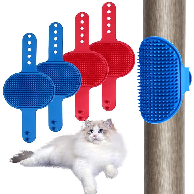 4Pcs Silicone Cat Grooming Brush Set, Multi-Functional Cat Self Groomer for Indoor Cats, Wall Mounted Face Scratchers, Grooming Strap Pad for Sofa &amp; Chair Legs (Blue, Red)
