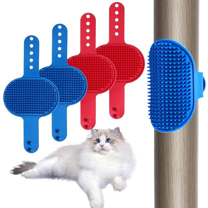 4Pcs Silicone Cat Grooming Brush Set, Multi-Functional Cat Self Groomer for Indoor Cats, Wall Mounted Face Scratchers, Grooming Strap Pad for Sofa &amp; Chair Legs (Blue, Red)