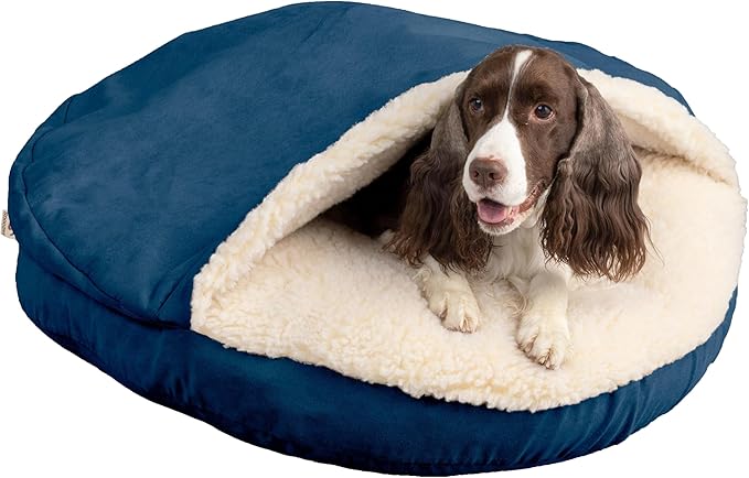 Snoozer Luxury Cozy Cave Dog Bed - Indoor Dog Bed with Cover Cave, Covered Calming Burrow for Medium &amp; Large Sized Pets with Blanket Attached, Enclosed, Washable - XL, Sapphire