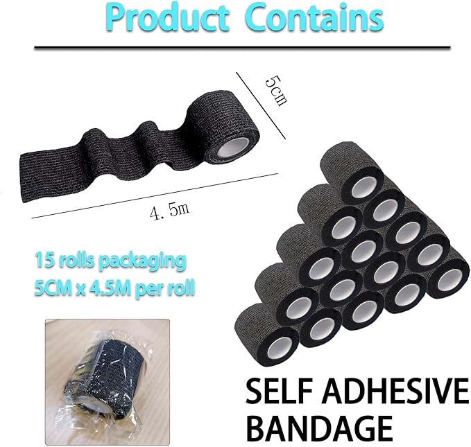 Self Adhesive Tape Wrap 15Rolls,Non-Woven Self Adherent Vet Wrap Tape,5CM x 4.5M Cohesive Bandage Tape for Wrist &amp; Ankle,Elastic Grip Cover (Black-15ROLLS)