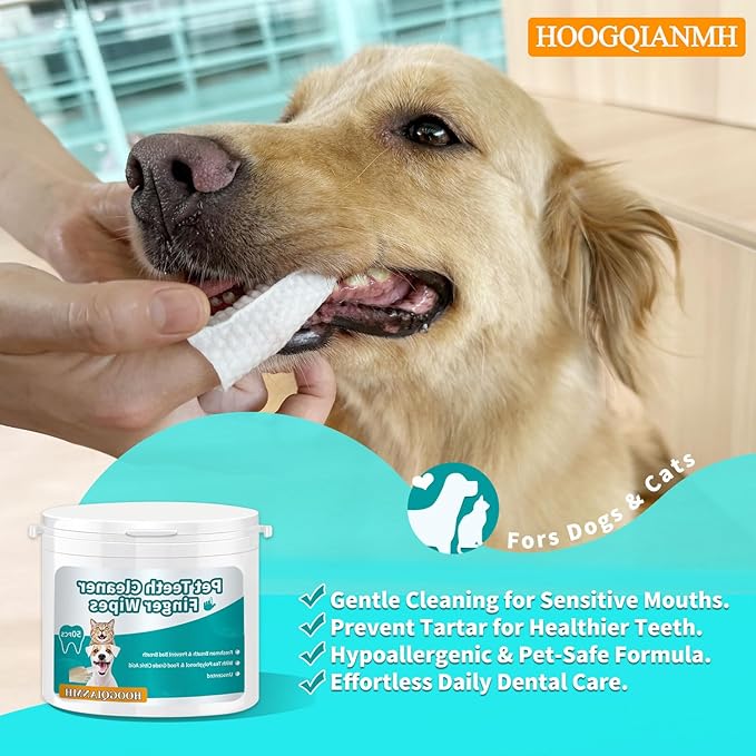 Pet Dental Finger Wipes for Dogs &amp; Cats | Teeth Cleaning Wipes with Natural Formula | Remove Plaque &amp; Tartar | Fresh Breath, Safe &amp; Gentle (50 Count)