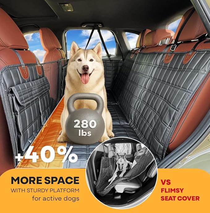 APetsPlanet Dog Car Seat Cover for Back Seat Hard Bottom - Waterproof Backseat Extender for Dogs - Pet Hammock Bed for Car, Truck, SUV with Mesh Window &amp; Storage - Black Leather, with Door Covers