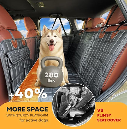 APetsPlanet Dog Car Seat Cover for Back Seat Hard Bottom - Waterproof Backseat Extender for Dogs - Pet Hammock Bed for Car, Truck, SUV with Mesh Window &amp; Storage - Black Leather, with Door Covers