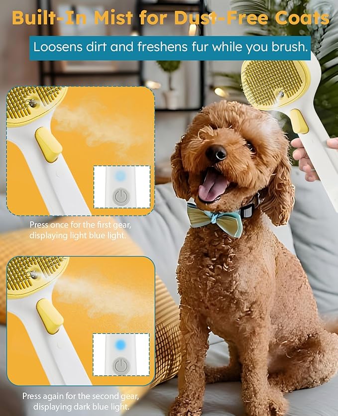 FURGO 3-in-1 Pet Steam Brush for Dogs &amp; Cats – Reduces Static, Long-Pin Head for Long Hair, One-Click Release Button, Dog Spray Brush for Shedding Control (Long)