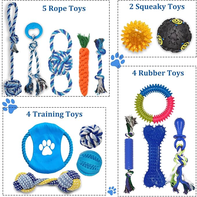 Dog Toys 15 Pack for Teeth Cleaning and Fun, Puppy Teething Chew Toys Interactive Rope Squeaky Treat Balls &amp; Rubber Tous Bulk– Variety Dog Gifts Set Reduce Anxiety &amp; Save Furniture
