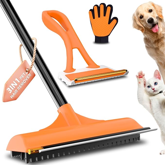 3 in 1 Carpet rake Kit for Pet Hair Removal Tool - Reusable Pet Hair Remover broom w 58"Adjustable Long Handle, Dog &amp; Cat Carpet Scraper, Pet Hair Remover for Rugs, Mats, Couch, Curtains(Orange)