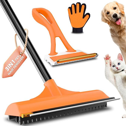 3 in 1 Carpet rake Kit for Pet Hair Removal Tool - Reusable Pet Hair Remover broom w 58"Adjustable Long Handle, Dog &amp; Cat Carpet Scraper, Pet Hair Remover for Rugs, Mats, Couch, Curtains(Orange)