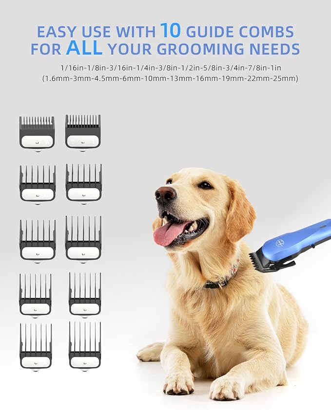 Professional Dog Grooming Clippers Kit, 24V High Power for Thick Coats, Quiet Dog Clippers with 10 Metal Guard Combs &amp; Brush, Ideal Dog Hair Remover for Cats and Pets