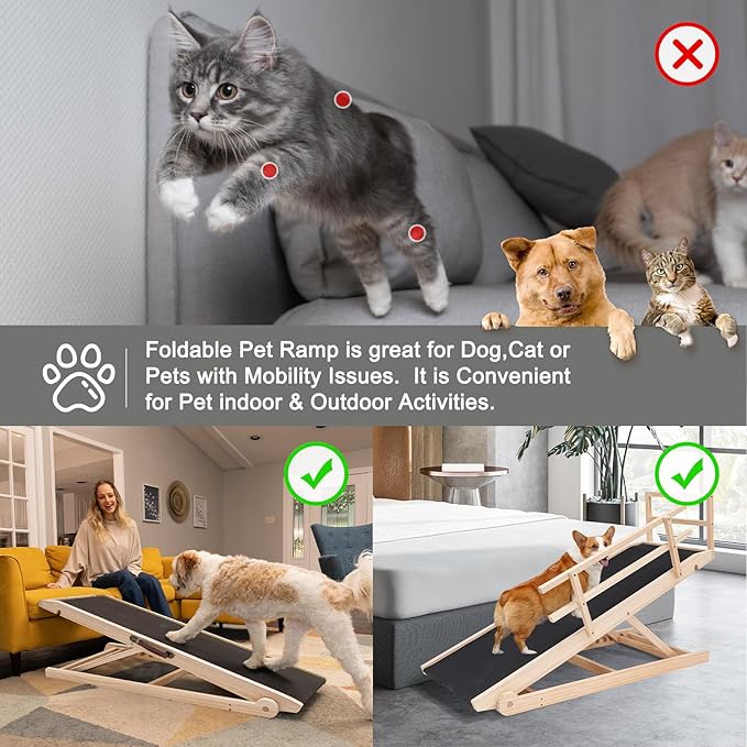 ABORON Folding Wooden Extra Long Dog Ramp, Non-Slip Rubber Mat, 63" Long for High Bed/Couch/Car, 5 Levels Adjustable Pet Ramp, 17.7&