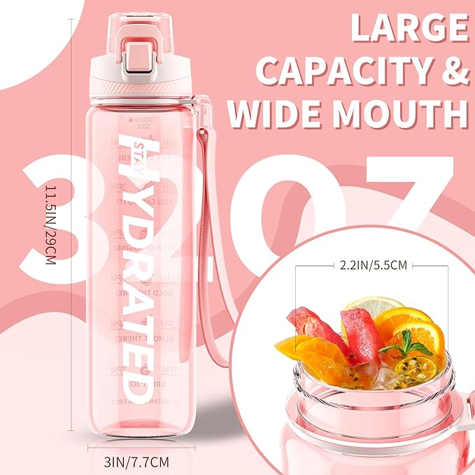 Water Bottle, 32 oz Motivational Water Bottles with Time Marker-Tritan &amp; BPA Free, Sports Water Bottle with Time to Drink &amp; Strap, Wide Mouth, Leakproof -Gift for Christmas Gym Fitness &amp; Outdoor