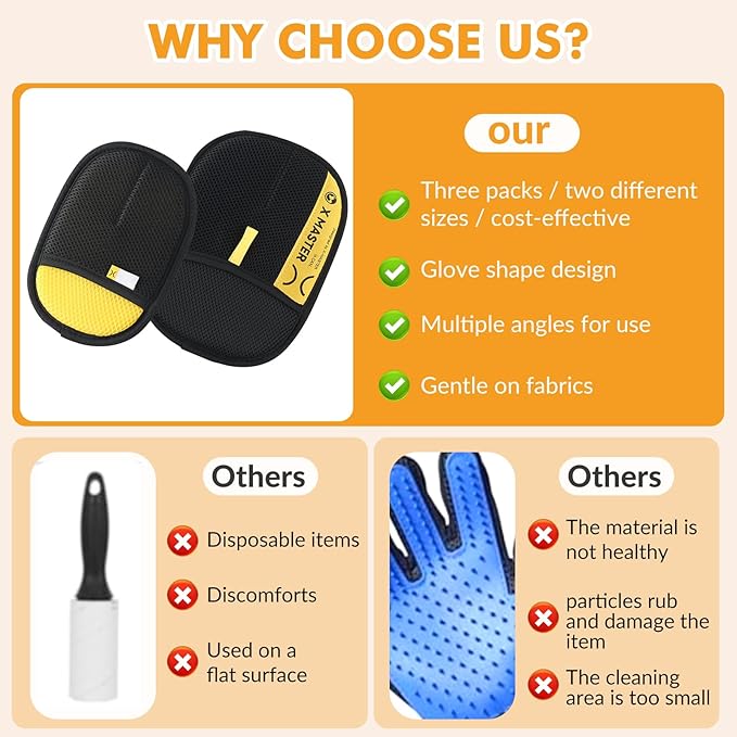 3Pcs Pet Hair Removal Glove for Cats &amp; Dogs, Efficient Grooming Gloves for Pet Hair, Cat Grooming Gloves for Hair Removal, Magic Pet Grooming Glove for Couch, Furniture, Carpet, Curtain (2L1S)