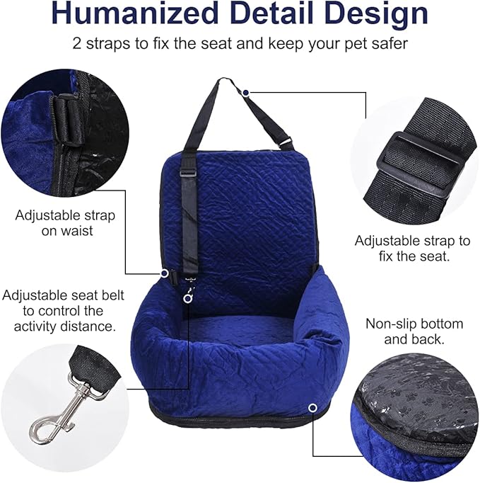 Dog Car Seat for Small Medium Dogs Up to 40lbs, Detachable Washable Soft Pet Booster Travel Bed for Front &amp; Blue Seat with Safety Leash Belt