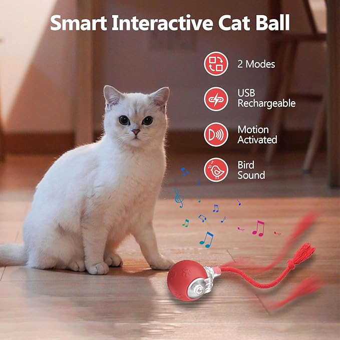 Interactive Cat Toys, Automatic Moving Cat Toys for Bored Indoor Adult Cats, Fast Rolling, Chirping &amp; Motion-Activated Kitty Toys, Fun Gift for Cats with Speedy Tail 2.0, USB Rechargeable,Red