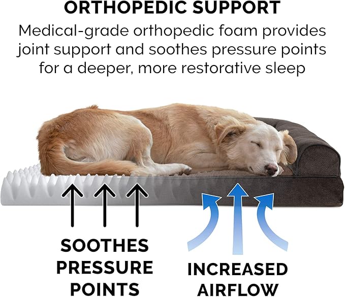 Furhaven Orthopedic Dog Bed for Large Dogs w/ Removable Bolsters &amp; Washable Cover, For Dogs Up to 95 lbs - Sherpa &amp; Chenille Sofa - Coffee, Jumbo/XL