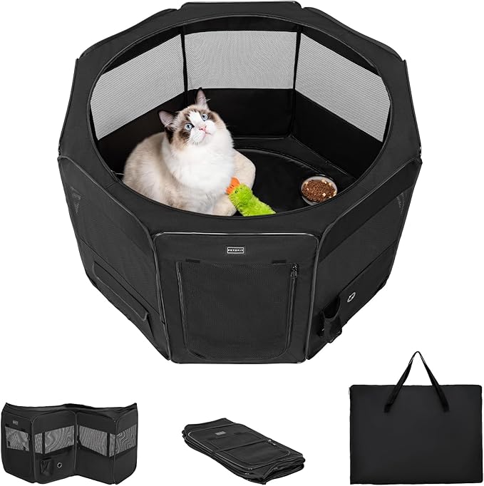 PETSFIT 29" Puppy Playpen with Removable Waterproof Mat &amp; Zippered Roof | RV, Camping, Travel Dog Pen | Indoor/Outdoor Whelping &amp; Cat Observation Space(29.5"x29.5"x16.5"H)