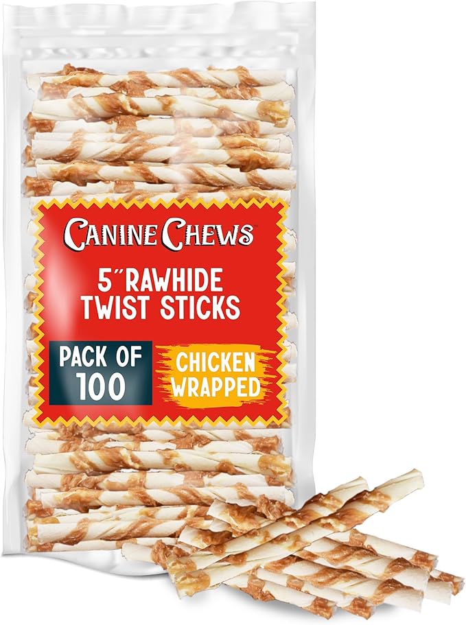 Canine Chews Chicken-Wrapped Rawhide Twists for Dogs - Pack of 100 U.S.A. Sourced Chicken Wrapped Rawhide Dog Treats, Sticks for Dogs - Premium &amp; Natural Beefhide Chews