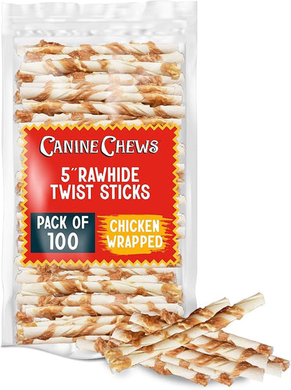 Canine Chews Chicken-Wrapped Rawhide Twists for Dogs - Pack of 100 U.S.A. Sourced Chicken Wrapped Rawhide Dog Treats, Sticks for Dogs - Premium &amp; Natural Beefhide Chews