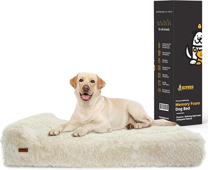 KOPEKS Orthopedic Memory Foam Dog Bed 7" Inch Thick Extra Large Dog Bed with Pillow Fluffy Brown 50"x34"x10" Includes Waterproof Liner &amp; Durable Removable Cover with Smart Design