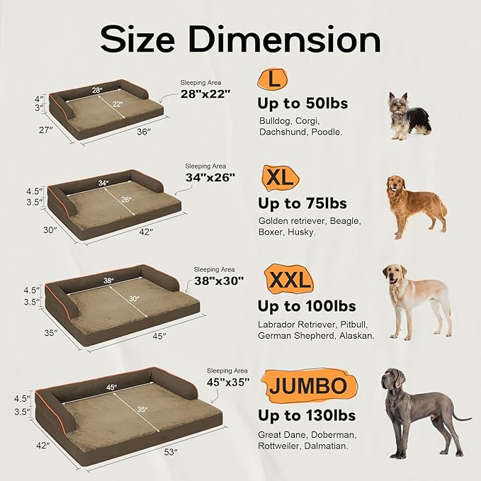 Large Dog Bed Orthopedic Washable: Extra Brown XL XLarge Big Dog Bed with Washable Bolster &amp; Memory Foam Couch Sofa - Waterproof with Removable Cover